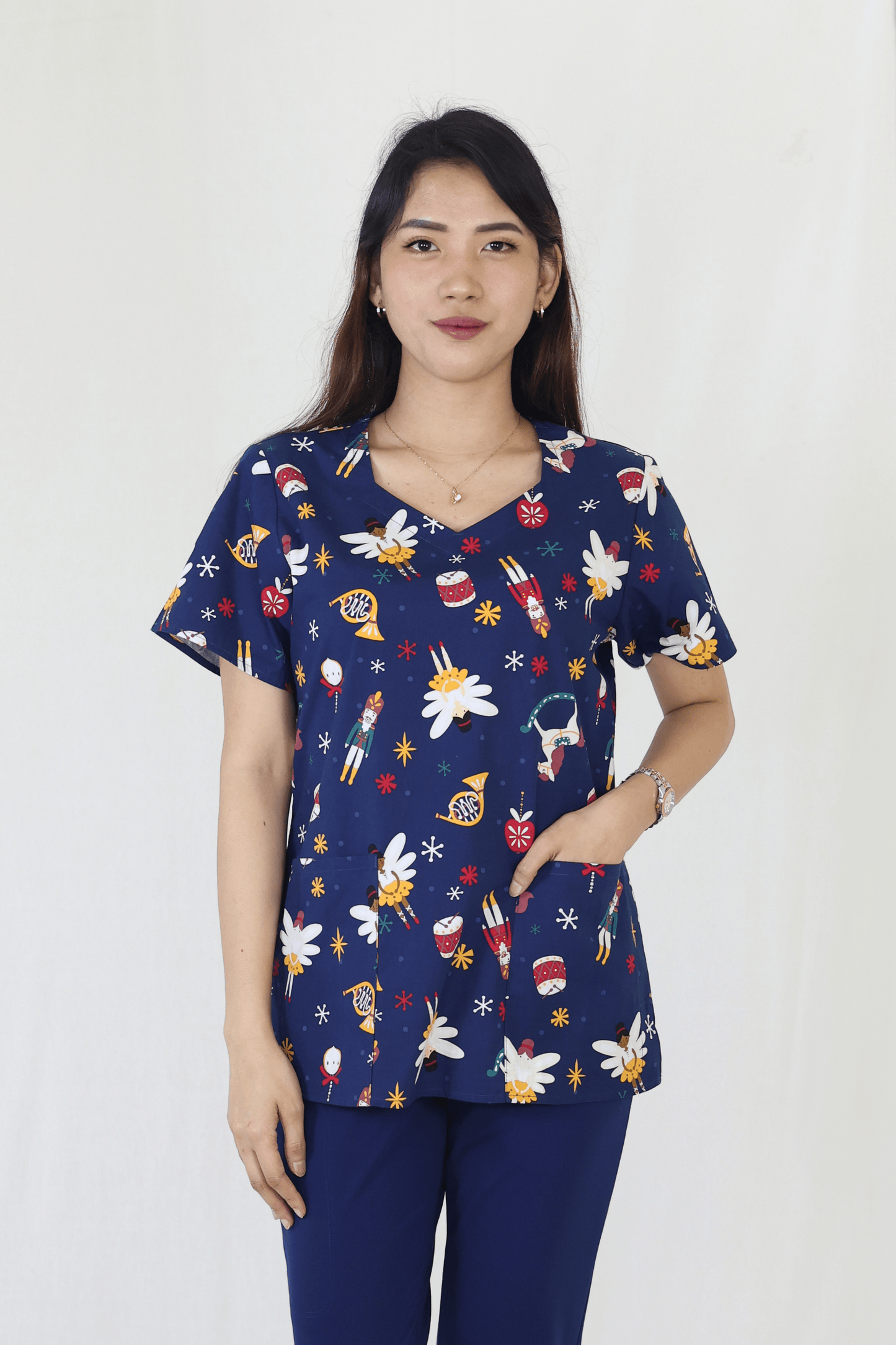 Let's Get Cracking - Zoe Chloe Performance V-Neck Print Scrub Top